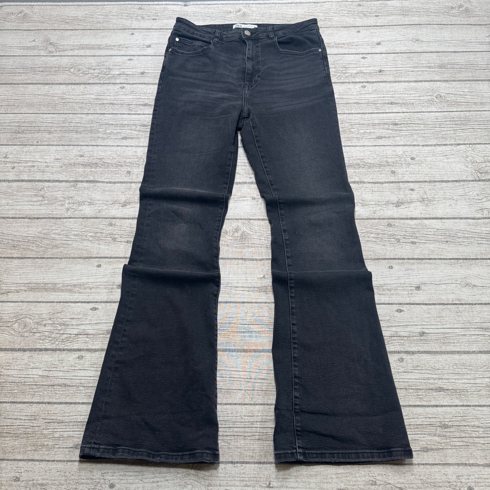 Zara Jeans Women's 10 Black Faded Denim Flared High Rise Slim Fit Bell Bottoms